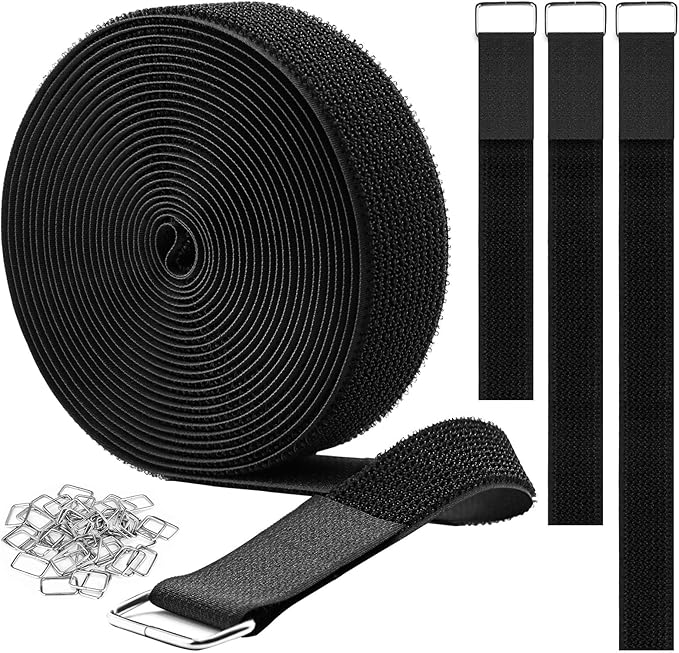 1.5"x16ft Hook and Loop Straps with 15 Metal Buckles, Adjustable Fastening Cable Straps, Cut-to-Length Cinch Strap, Reusable Nylon Securing Cord Ties for Organizer or Storage, Black