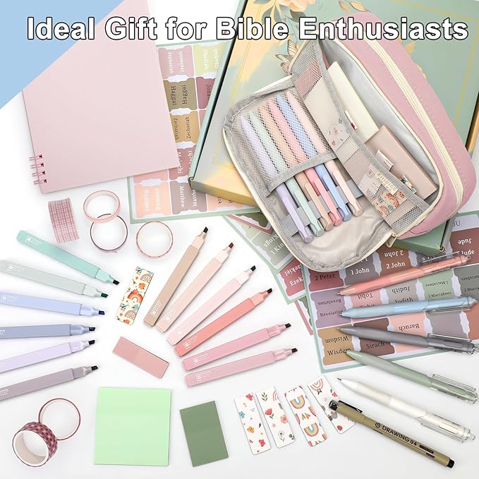 54Pcs Bible Journaling Kit with Pencil Case, Bible Highlighters and Pens with Tabs, Notebook, Bible Study Supplies Journel Essentials Accessories Tools for Women,Back to School Gifts (Pink)