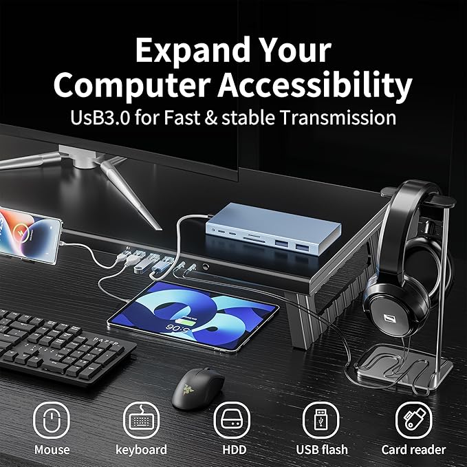 All-Metal Foldable Monitor Stand with 28cm Wide Desktop,, Headphone & Mic Jack, Detachable Phone Holder, (USB Hub Fast Charging Version, 530mm)