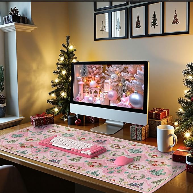 iCasso Christmas Desk Mat, Pastel Pink Mouse Pad, Desk Protector Mat, Extra Large Office Matt for Desktop, Anti-Slip XXL Big Mousepad with Stitched Edges for Computer Keyboard