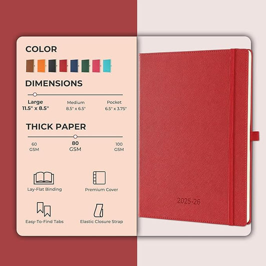 Weekly Monthly 2025-2026 Planner (July 25-Dec 26),11.5"x8.5",18 Months Agenda Plan with Month Tabs & Pocket,Expenses/Note Pages, Academic Calendar with Vegan Leather Cover,Red