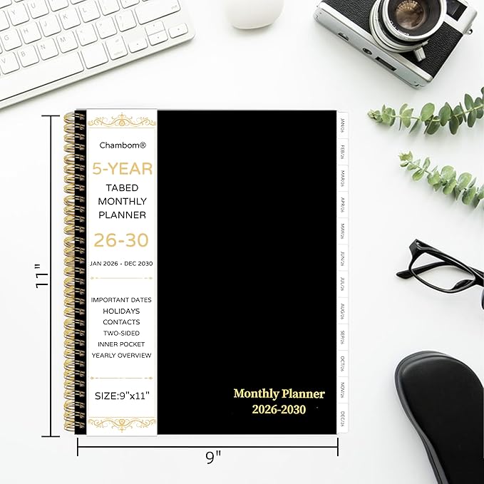 2026-2030 Monthly Planner, 5 Year Monthly Planner/Calendar 2026-2030, 60-Month Jan 2026 ā Dec 2030, 9" x 11", Tabs, Double-Side Pocket, Holidays, Thick Paper - Black
