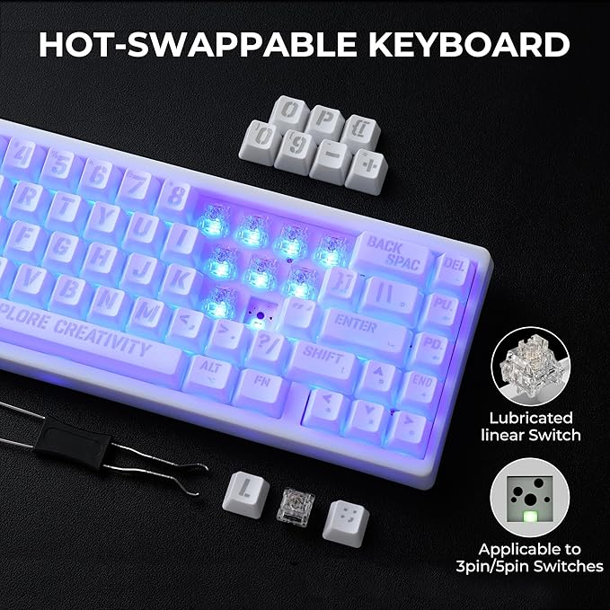 XVX M67 Wireless 60% Percent Keyboard, QMK/VIA Topographic Gaming Keyboard, Tri-Mode Thocky Creamy Mechanical Key Board, Hot Swappable Gasket Mount RGB IMD Tech for Win/Mac, Miami Theme, White