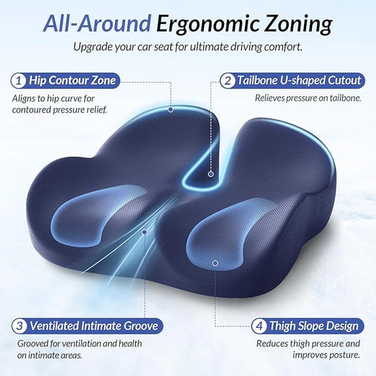 ZIKEE Gel Seat Cushion for Office Chair and Car Seat with Ergonomic Zoning, Memory Foam Chair Cushion for Sciatica, Lower Back, Tailbone Pain Relief and Intimate Ventilation, Non-Slip & Airy Cover