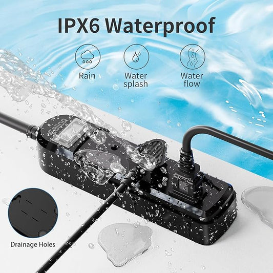IPX6 Outdoor Power Strip Weatherproof,15 FT SJT16Awg Extension Cord 3 Wide Outlets 1875W Overload Protection, Waterproof Surge Protector for Office,Dorm Room,Patio,Christmas Lights