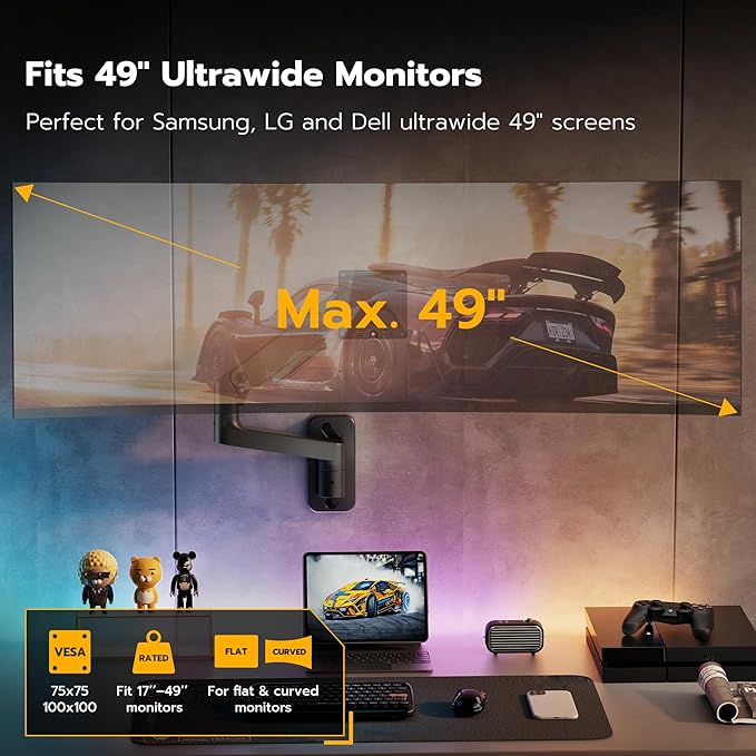 ARES WING Wall Mount Monitor Arm for 17-49 Inch Ultrawide Screens, Heavy Duty Single Monitor Mount Holds 44 lbs, Fully Adjustable Gas Spring Wall Mount, 75x75/100x100 VESA Mount, Black