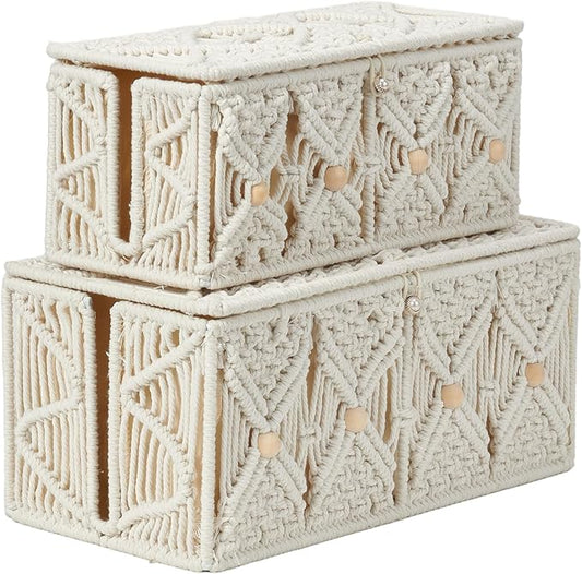 2PCS Cable Management Boxes Handmade Macrame Cord Storage Organizer Power Strips Outlet Router TV Wire Hider Cover Under Desk Natural Cotton Rope Woven Box with Lid (1 Large 1 Medium)