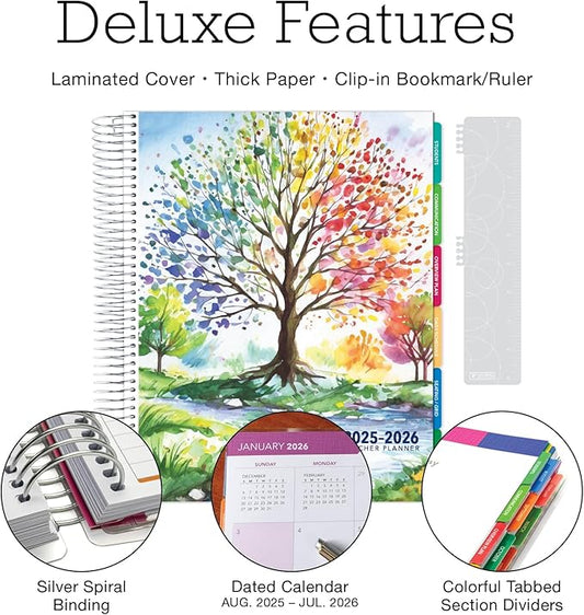 Aug 2025-Jul 2026 Deluxe Teacher Planner Notebook 8.5x11 Daily Weekly Monthly Organizers with 7 Periods, Pocket Folder, Dated Calendar, Page Tabs, Bookmark and Planning Stickers (Tree Seasons)