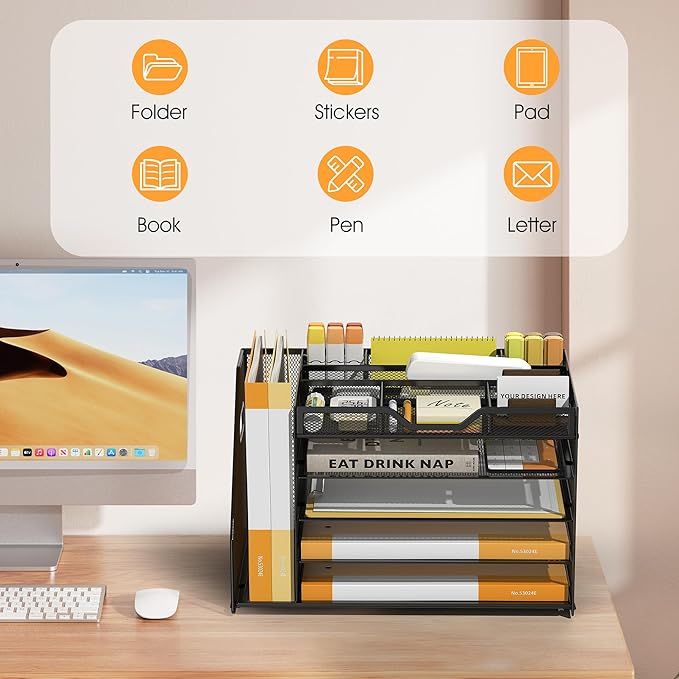 5 Tier Paper Letter Tray with File Holder and 3 Drop-in Pen Holders, Mesh Desk File Organizer with Handle, Desk Organizers and Accessories for School,Home, Office Supplies Storage-Black