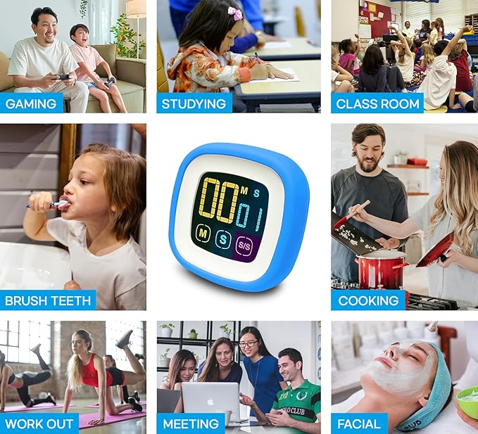 Digital Kitchen Timer, Countdown, Countup, Protective Rubber case, Large Display with Color Bold Digits, Touch Control, Backlit, Magnetic Kickstand, Loud Alarm, Auto Memory (Sky Blue)