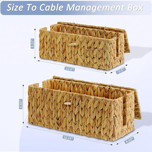 efluky 2 Pack Hand-woven Cable Management Box with Lid, Water Hyacinth Open Slots Cord Box to Hide USB Wire, Power Strip & Charger for Home & Office and Dorm, Natural