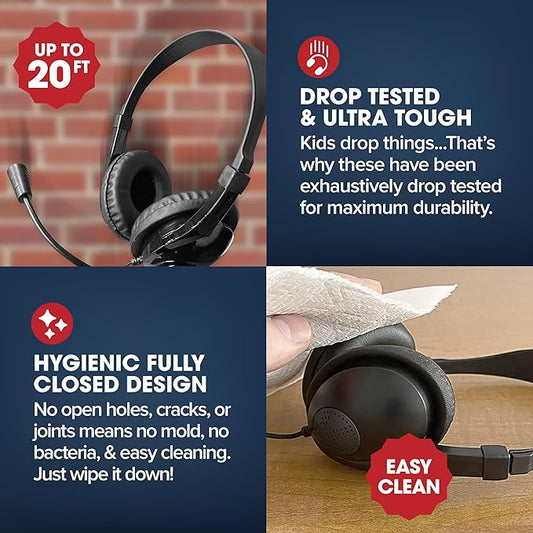 SENTRY Bulk Rugged School Headphones, Durable for Kids, Students, Teachers, Classrooms, 3.5mm or USB-C Jack Options, Optional Boom Mic for Online Learning (8 Count - 3.5mm with Boom Mic, 8, Count)