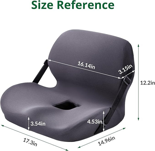One-Piece Memory Foam Seat & Back Cushion - Lumbar Support, Adjustable Strap, Non-Slip Bottom - Breathable Removable Cover for Office Chair, Car, Truck (Grey)