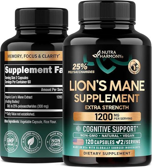Lions Mane Supplement Capsules - Organic Lions Mane - Made in USA - Fruiting Bodies Extract - 1200 mg, 25% Polysaccharides - Memory & Focus Support - As Lions Powder - 120 Capsules, 2 Month Supply