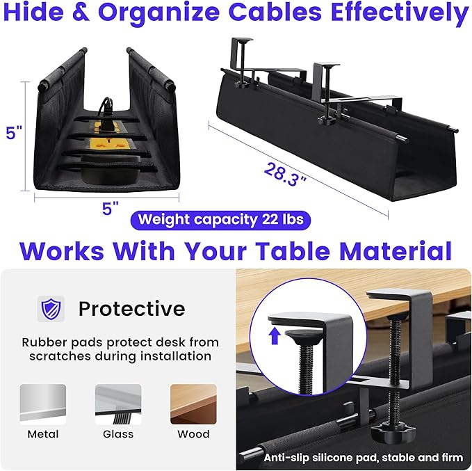 Under Desk Cable Management Tray Storage with Clamp for Wire Management Cord Organizer No Drill 28.3" for Office Home