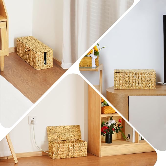 efluky 2 Pack Hand-woven Cable Management Box with Lid, Water Hyacinth Open Slots Cord Box to Hide USB Wire, Power Strip & Charger for Home & Office and Dorm, Natural