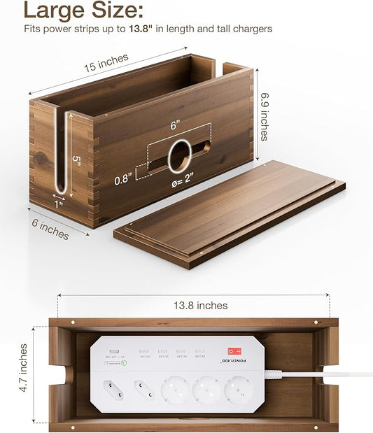 Acacia Large Cable Management Box - 15" L Cord Box Hider, Power Strip Box for Office - Cable Hider Box, Surge Protector Box - Wire Box Hider for Desk - 3 Open Slots, Magnetic Lid (Walnut color)