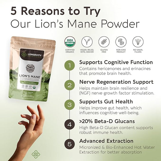 Longevity Botanicals Organic Lion’s Mane Mushroom Extract Powder 100g | Concentrated 8:1 Ratio | 100% Fruiting Bodies | Hericium Erinaceus Nootropic Supplement for Focus, Memory & Brain Support