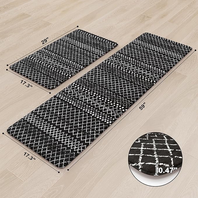 KIMODE Kitchen Mats Cushioned Anti Fatigue, Black Farmhouse Kitchen Rugs Sets of 2, Padded Kitchen Floor Mats, Non Slip Standing Mats for Sink Laundry Office Desk 17"x59"+17"x29"