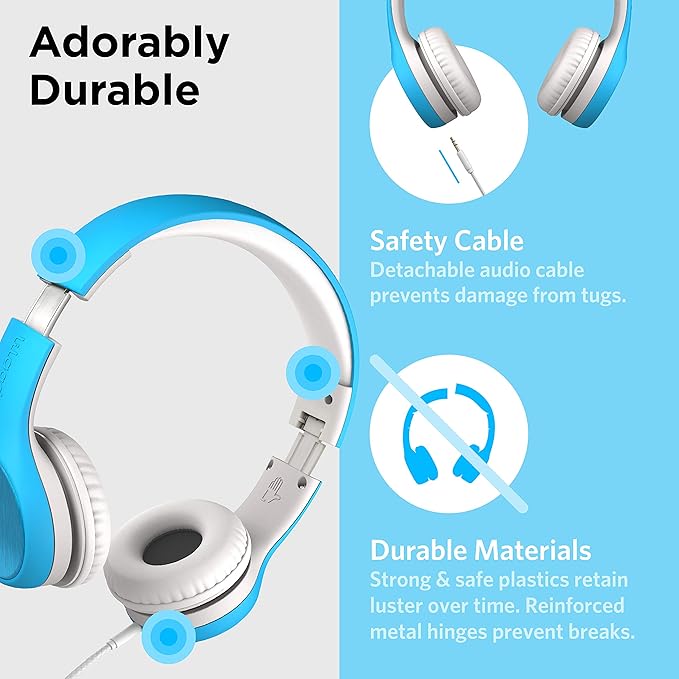 LilGadgets Connect+ Style On-Ear Kids Headphones with Microphone - SharePort Technology, SoftTouch Padding, Detachable Cable, Noise Reduction, Durable & Adjustable - Blue Headphones for Kids