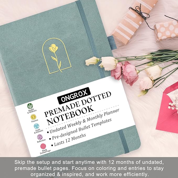 Premade Bullet Style Notebook with Undated Weekly & Monthly Planner, Dotted Journal with Pre-made Bullet Planner Stencils, Dot Grid Journaling with Habits & Mood Tracker, 12 Month Organization, A5