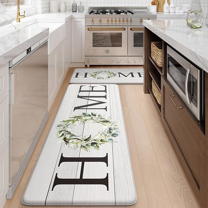 KIMODE Anti Fatigue Kitchen Mats for Floor, Farmhouse Kitchen Rugs Sets of 2, Cushioned Kitchen Floor Mats, Comfort Standing Mats for Sink, Laundry, Office, Desk White 20"x47"+20"x32"