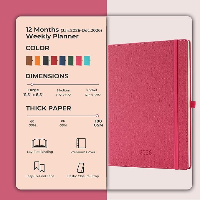 Weekly Monthly 2026 Planner (Jan.26-Dec.26),11.5"x8.5",12 Months Agenda Plan with Month Tabs & Pocket,Expenses/Note Pages, Appointment Book Calendar with Vegan Leather Cover,Rose Red