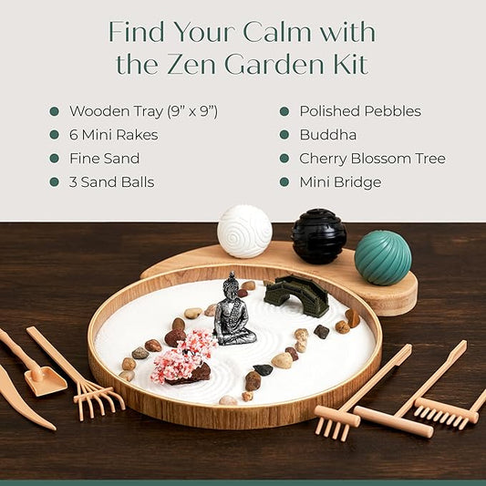 Zen Garden for Desk – Mini Zen Garden Kit for Calming Stress & Relaxing - Japanese Sand Box with Tray, Buddha, Tree, Sand, Rakes, Pebbles & Balls – Sensory Relaxation Gift for Home & Office Decor