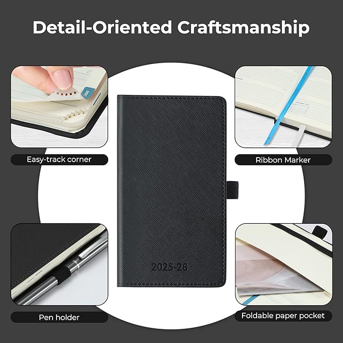 Weekly Monthly 2025-2026 Planner (July 25-Dec 26),6.5"x3.75",18 Months Agenda Plan with Month Tabs & Pocket,Expenses/Note Pages, Academic Calendar with Vegan Leather Cover,Black