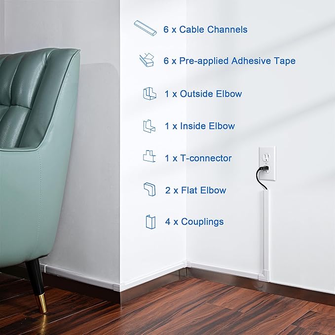 102in Wall Cable Hider, Cord Hider to Hide 3-4 Cords, Self-Adhesive TV Wire Hider for Wall, Cable Management Kit, Cable Raceway White, Paintable Cable Concealer, 6 x L17in x W1.2in x H0.6in