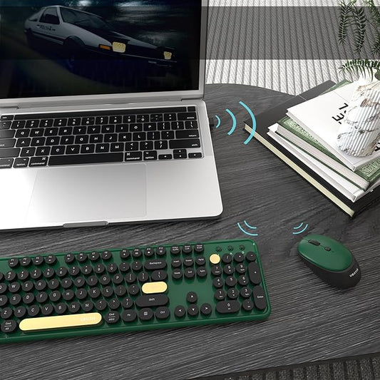 Colorful Wireless Computer Keyboards Mouse Combos, UBOTIE Polychrome Round Keycaps Retro PC Keyboards 2.4GHz Radio Frequency Connection with Optical Mouse(Green-Black)