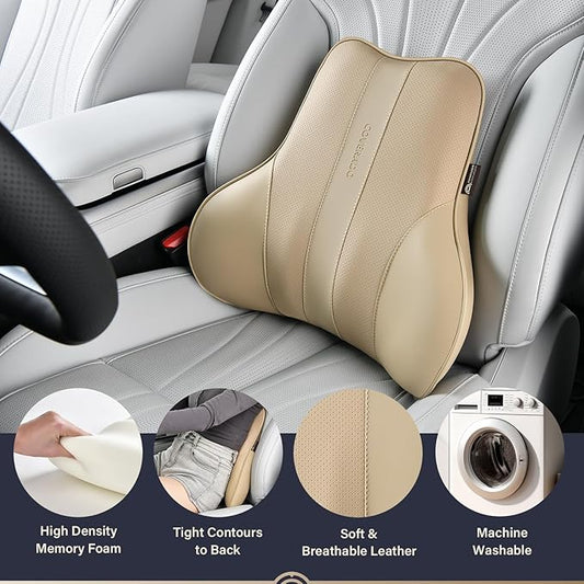 Coverado Lumbar Support Pillow for Car, Ergonomic Memory Foam Back Pillow for Office Chair, Back Cushion for Back Pain Relief, PU Leather Car Lumbar Support for Driving Seat - Beige