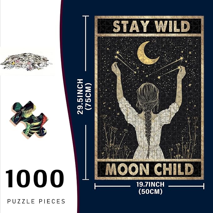 1000 Piece Wooden Moon Girl Stay Wild Moon Child Jigsaw Puzzle Adults Humorous Challenge for Stress Relief & Brain Exercise 29.5x19.7 Inch