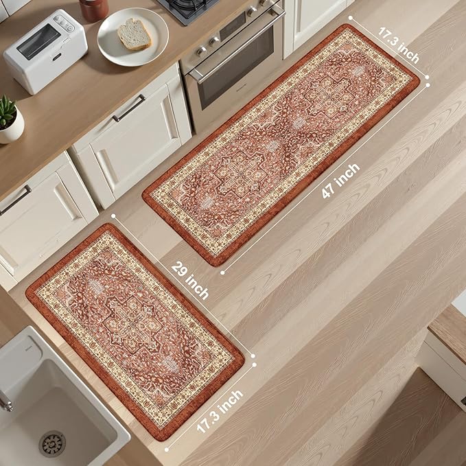 KIMODE Anti Fatigue Fall Kitchen Mats, Boho Distressed Kitchen Floor Mats 17"x47"+17"x29", Non Slip Waterproof Kitchen Rugs, Padded Comfort Standing Mats for Laundry, Office, Sink, Desk Orange Multi