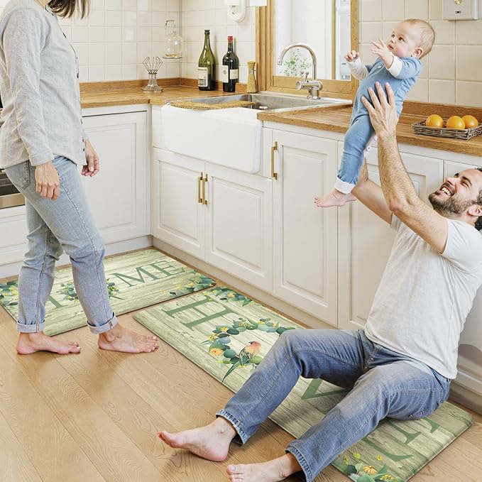 KIMODE Anti Fatigue Kitchen Mats for Floor 2 Piece,Farmhouse Spring Rugs Non Slip,Cushioned Memory Foam Carpet for Sink Laundry Office Bathroom,Green 17"x47"+17"x29"