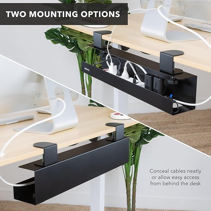 Mount-It! Clamp-On Under Desk Cable Management Tray – No-Drill Metal Cable Organizer for Office & Glass Desks, Secure Wire Management Tray for Power Strips & Cords – Sturdy Desk Cable Tray 23.6” Black