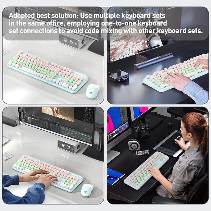 Wireless Keyboards Mouse Combos, Colorful Cute Typewriter Full-Size Retro Round Keycaps, 2.4GHz Cordless Sleep Mode Office Quiet Wireless Keyboard and Mouse Set for Desktop Laptop PC Computer