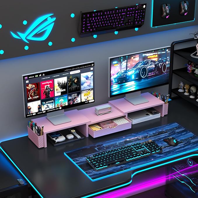 gianotter Dual Monitor Stand Riser, Desk Organizer With Drawer and 2 Pen Holders,Desk Organizers and Accessories, Pink Office Supplies (Pink)