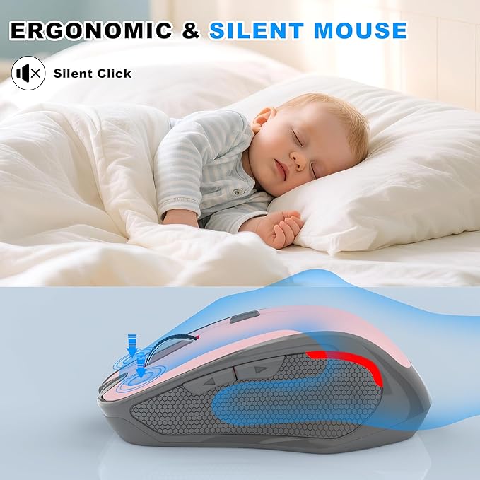 Bluetooth Wireless Computer Mouse for Laptop PC Mac, 2.4G Ergonomic Cordless Mouse Jiggler with USBA/USBC Receiver & Type-C Adapter, 3 DPI Levels 6 Buttons Rechargeable Mice for Office&Home-PINK