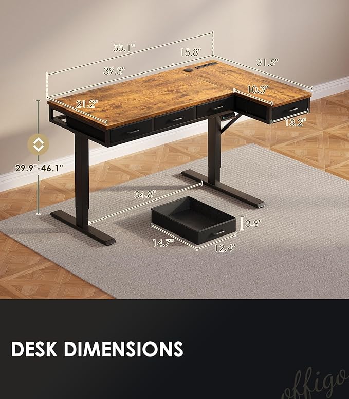 OffiGo 55 Inch L Shaped Electric Standing Desk with Drawers, Height Adjustable Large Desk with Power Outlets, Sit Stand Table, Writing Computer Desk for Home, Office, Workstation, Rustic Brown