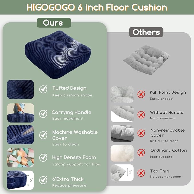6" Washable Floor Pillow Cushion for Adults, Meditation Cushion Pillow, Large Square Floor Sitting, Removable Tufted Corduroy Cover, for Tatami Living Room or Yoga, 22x22 Inch, 2Pack, Machine Washable