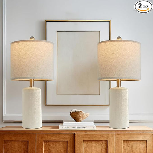 20.25/inch Modern Ceramic Table lamp Set of 2 Small Farmhouse Bedside lamp Creamy-White Nightstand Lamp End Table Lamps for Living Room Bedroom Study Office AMZ-T1109WH0