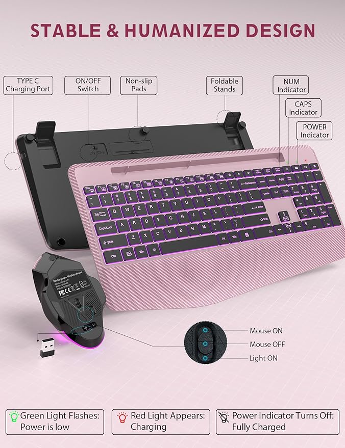 Wireless Keyboard and Mouse Backlits, Wrist Rest, LED Mouse, Rechargeable Ergonomic Keyboard with Phone Holder, Silent Light Up Combo for Computer, Mac, PC, Laptop, Chromebook (Rose Gold)