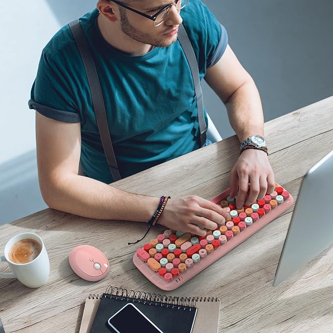 Wireless Keyboard and Mouse Combo, MOWUX - Modern Compact Layout, Colorful Compact Candy Mouse and Retro Round Keyboard Set with Cover, for PC/Laptop/Windows/Mac - Pink Colorful