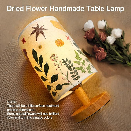 Pressed Flowers Table Lamp 5W LED 3Color Temperatures Dried Flower Bedside Lamp Linen Shade with Wood Base for Bedroom Living Room Desk Office