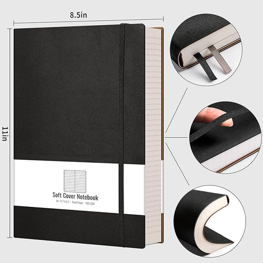 AHGXG 8.5''×11'' Notebook College Ruled - Large A4 Notebook Lined Journal - 320 Pages Thick Journal for Writing, 100gsm Thick Paper, Leather Softcover, for Work School - Black