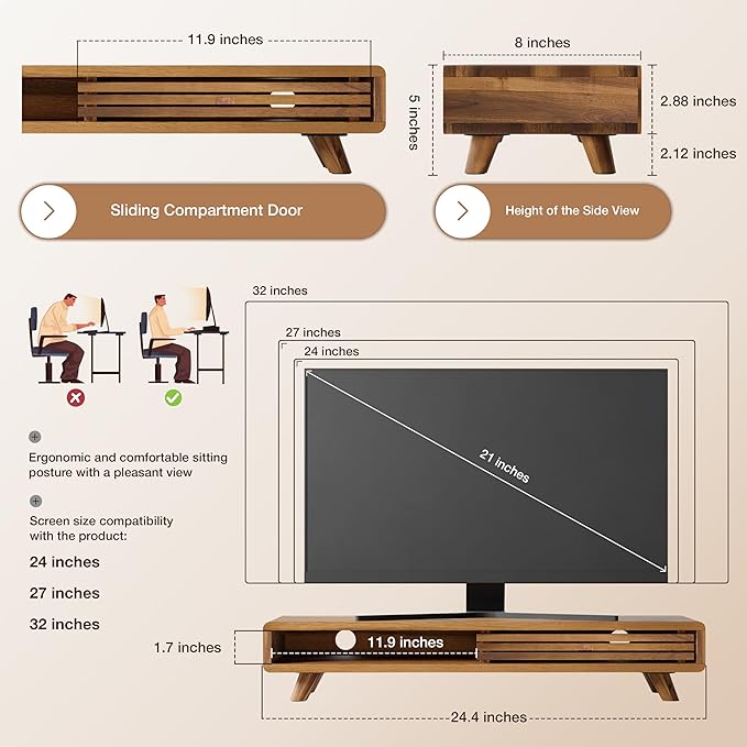 Tinamo Acacia Monitor Stand Riser with Sliding Door - Wooden Monitor Riser for Desk - Computer Monitor Stand for Desk - Multi-Purpose Desktop Storage Stand for Computer; Laptop; TV(24.4 " x 8" x 5")