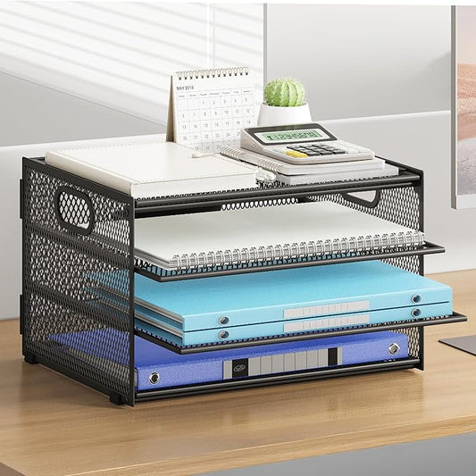 Subekyu Paper Letter Tray Organizer for Desk, Black Metal Mesh Desk File Sorter Organizer with Handle and 2 Sliding Trays for Home Office School Supplies Organization