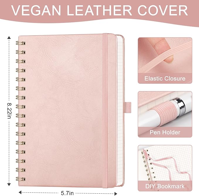 AHGXG Graph Paper Notebook - Spiral Notebook Hardcover Leather Journal 140 Pages, A5 Grid Paper Notebook 5.7" x 8.3", 100 gsm Thick Paper, for School Writing Graphing Engineering, Rose Gold