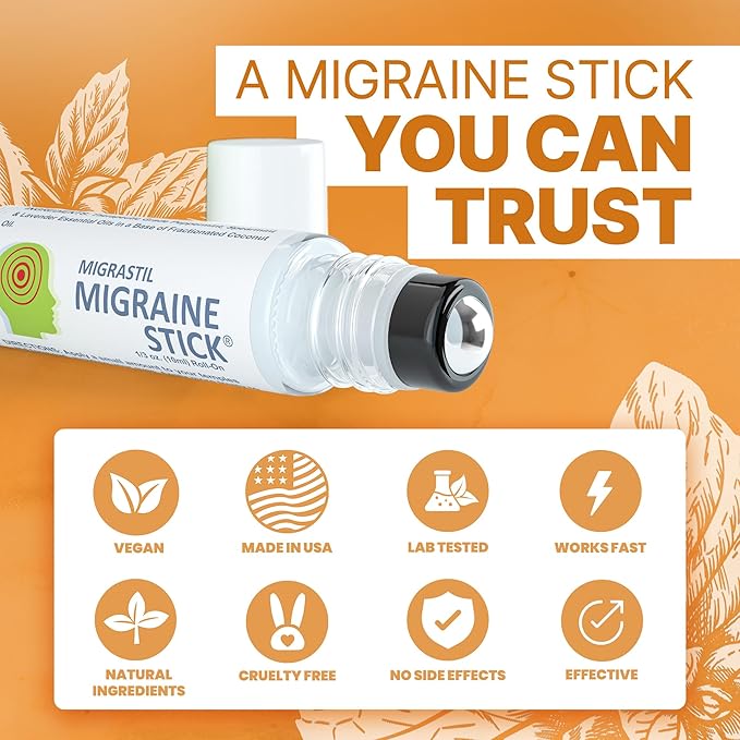 Migrastil Migraine Stick Rollon - Fast Cooling Comfort for Your Head. Aromatherapy with Peppermint & Other Essential Oils. Metal Roller. Made in USA by Basic Vigor